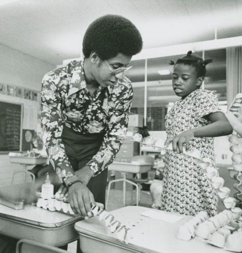 The College of Education celebrates 50 years; pictured here is a student teacher in Muskegon.