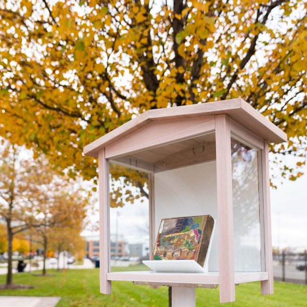 A piece of art is shown in an installation under a tree