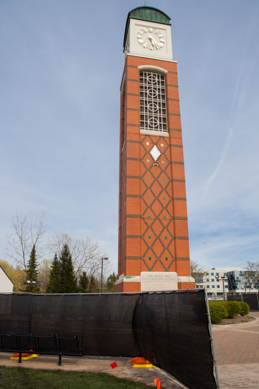 Repairs are being made to the Cook Carillon Tower on the Allendale Campus. 