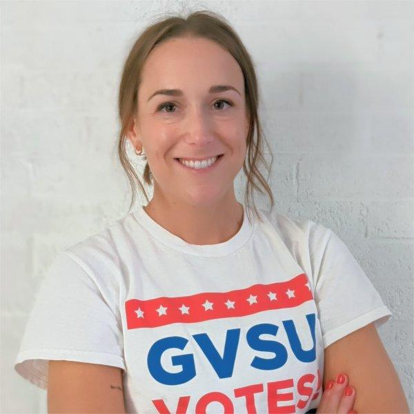 Dan Cope in GVSU Votes white T-shirt