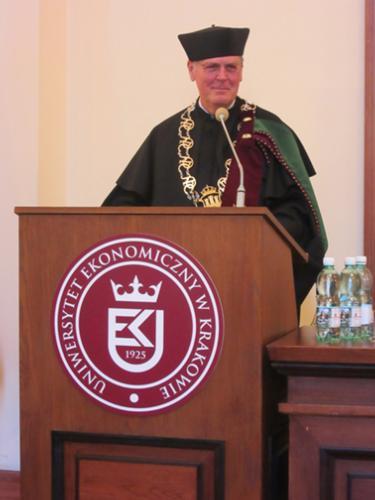 President Thomas J. Haas gives an address at a special ceremony marking the 40th anniversary of the Grand Valley-Cracow University of Economics partnership.