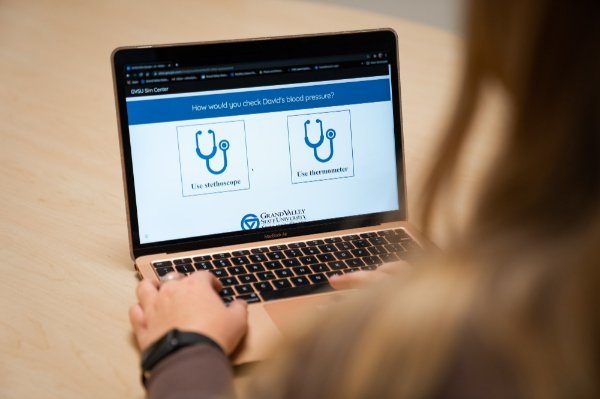 computer screen showing choice of using thermometer or stethoscope in an interactive simulation