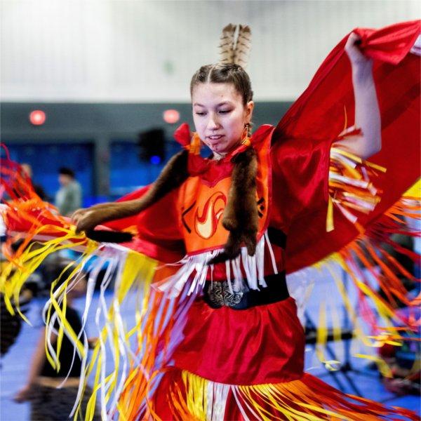 Layla Pigeon does the fancy shawl dance during during the 23rd "Celebrating All Walks of Life" Pow Wow April 13.