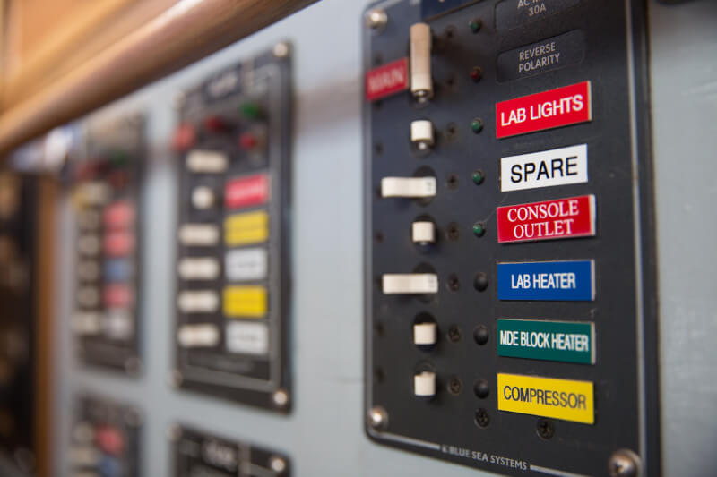 A panel of switches on the D.J. Angus