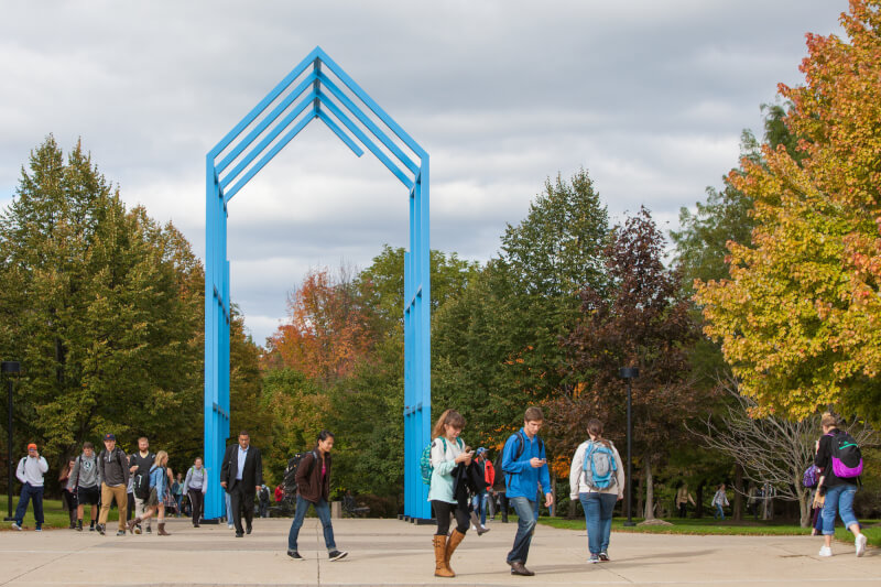 A photo of students walking by the Transformational Link.