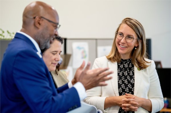 Ed Garner, regional director of the Michigan SBDC leads a tour for U.S. SBA Administrator Isabella C. Guzman and Congresswoman Hillary J. Scholten of the Seidman Center and the Michigan Small Business Development Center (SBDC) on August 3, 2023.