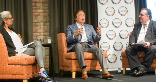Lin Bardwell, Billy Mills and Levi Rickert at "A conversation with Billy Mills"