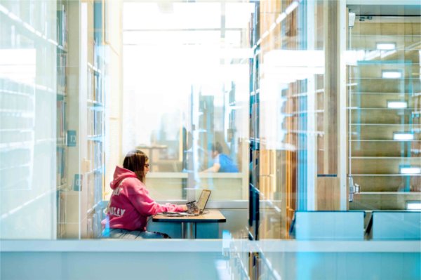  A college student in a pink hoodie works in a closed in study space in a university library. 