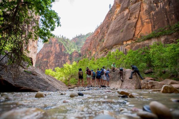 People stand in a stream surrounded by canyon walls.