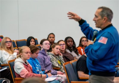 Former NASA astronaut John Herrington addresses GVSU students during his discussion about his experiences as an astronaut.