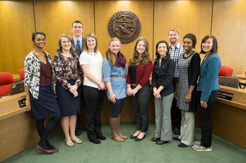 Pictured left to right: Hannah Fernando, Jessica Terveen, Jacob Schacht, Olivia Jenison, Madelaine Cleghorn, Lindsay Babcock, Allison Ives, Christopher Stoffel, Sharonda Bridgeforth, Aziza Ahmadi. Not pictured are Ella Fritzemeier and Ryan Hoogstra.  