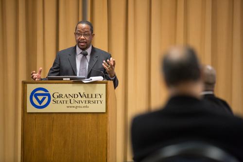 Dwight Hamilton opens the town hall meeting about the climate survey action plans February 11 in the Kirkhof Center.