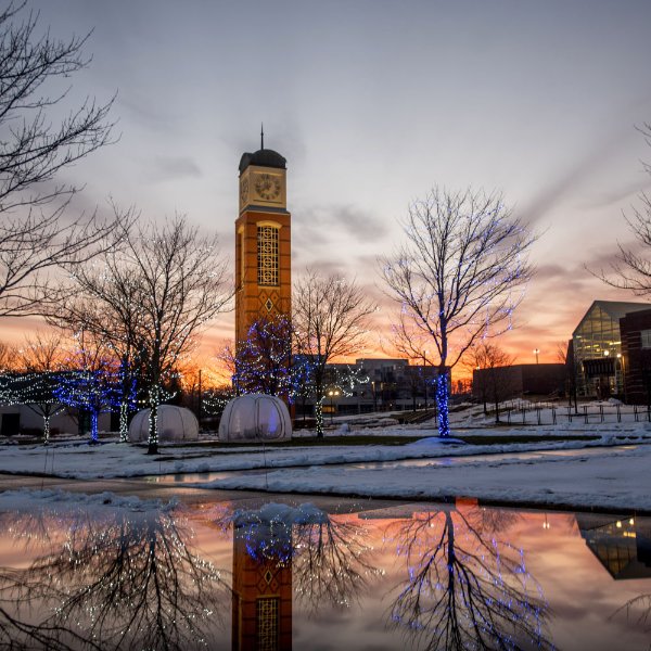 Campus and the Cook Carillon Tower at sunrise.