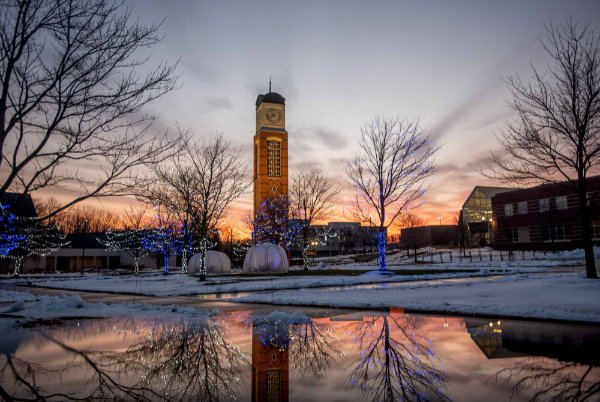 Campus and the Cook Carillon Tower at sunrise.