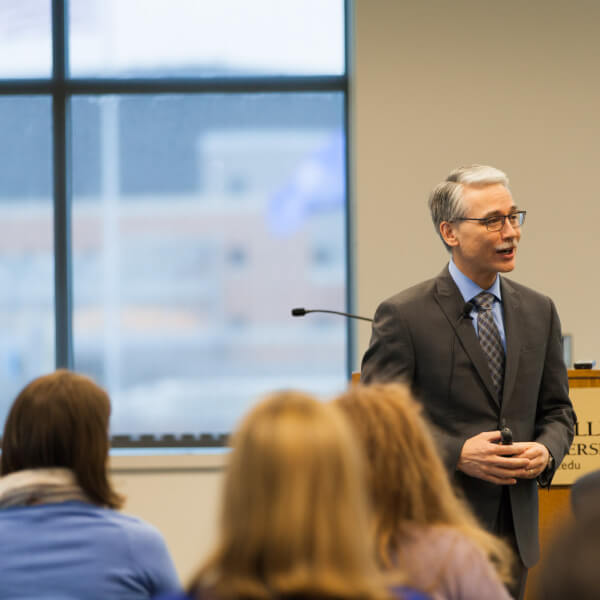 Loren Rullman answered questions and gave a presentation April 3 in the Kirkhof Center.