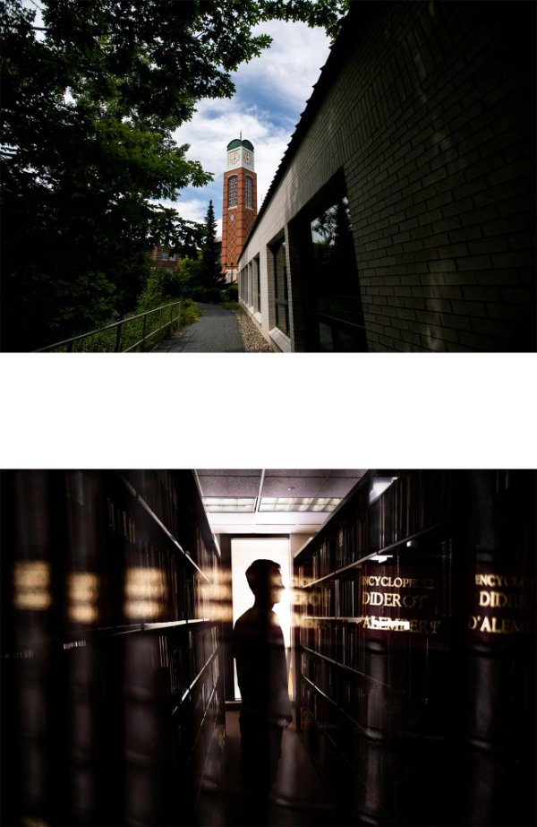   Top photo: Trees, a path and a building lead out to a clock tower seen in the distance. Bottom photo: A silhouette of a person looking at a tall bookshelf with streaks of light overlapping. 
