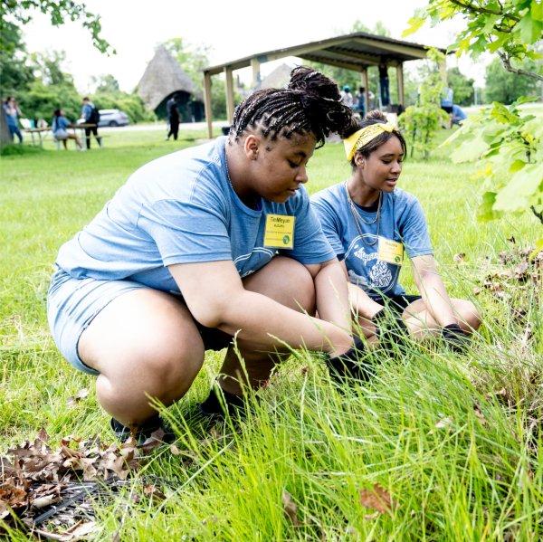 Students with University Prep Science and Math in Detroit pull weeds at Belle Isle Park.