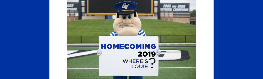 Louie the Laker holding a sign says Where's Louie?