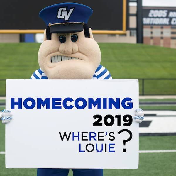 Louie the Laker holding a sign says Where's Louie?