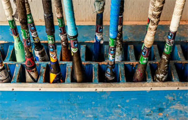 A baseball team&#8217;s bats rest in blue cubbies. 