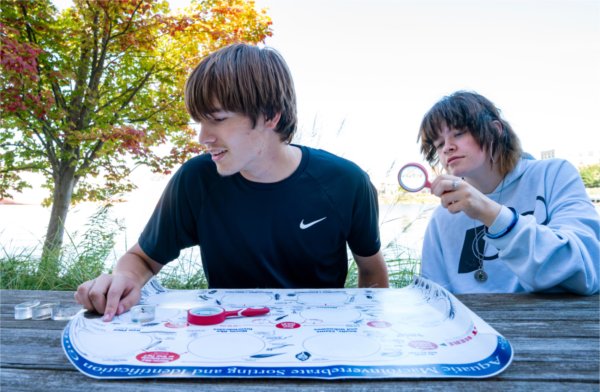 Crossroads Charter Academy students from Big Rapids Aiden Smith, left, and Sophia Van Klompenberg take part in an educational visit to the Annis Water Resources Institute