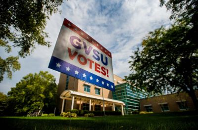 A GVSU Votes yard sign on the Allendale Campus