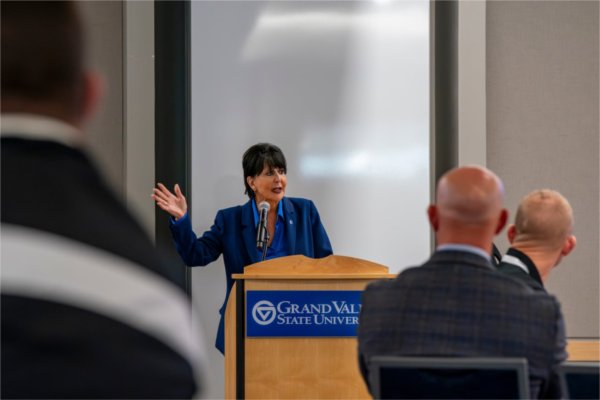 President Philomena V. Mantella gives opening remarks during the GV Technology Summit at DeVos Center for Interprofessional Health on October 2.