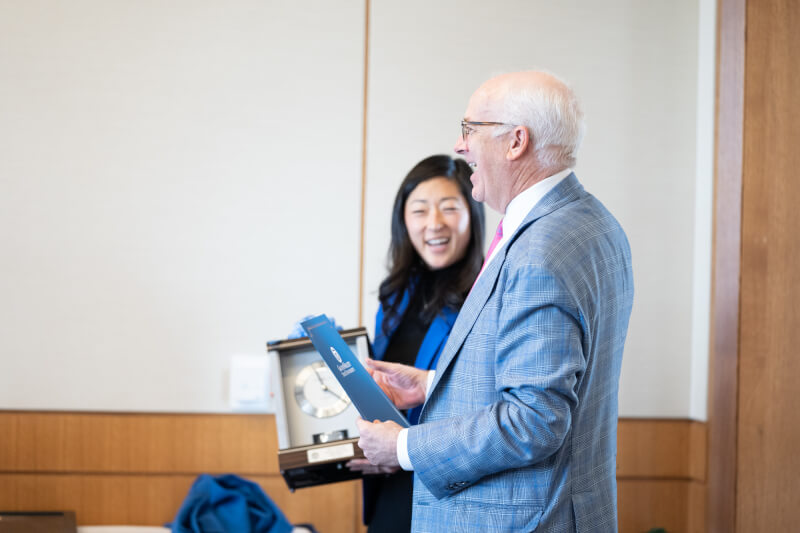 Honorary lifetime member of the Board of Trustees John Kennedy, right, and Trustee Megan Sall, left.