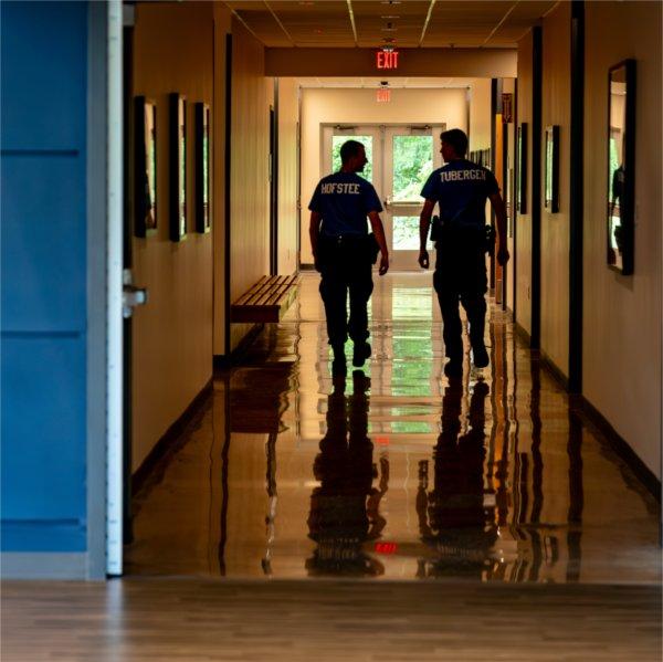 GVPD Recruits walk down the hallway at renovated campus