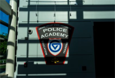 GVSU Police Academy Logo on the wall of the renovated campus building