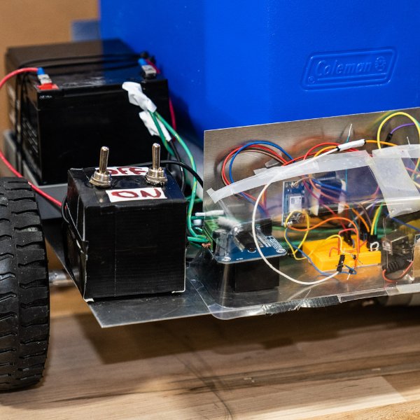 A robotic cooler, showcased at a senior engineering project day in 2019.