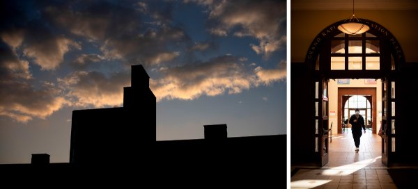 In the photo on the left L. William Seidman Center is silhouetted against the morning sky on GVSU's Pew Campus. In the photo on the right a student walks through a doorway at the Richard M. DeVos Center on Grand Valley State University&rsquo;s Pew Campus.