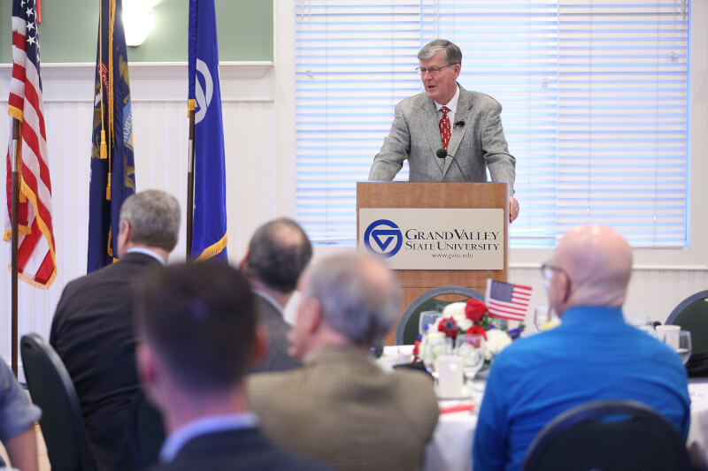  President Thomas J. Haas speaking to a room of veterans