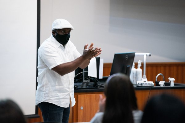 Felix Ngassa, chemistry professor, teaches a class during the first week of the fall semester.