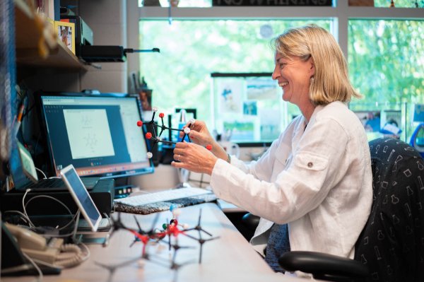 Laurie Witucki, professor of chemistry, teaches a class remotely from her office.