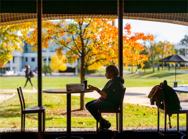  A person sitting at a table near a large window, with autumn colored trees visible outside.