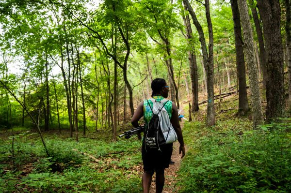 A faculty member walks through the woods.