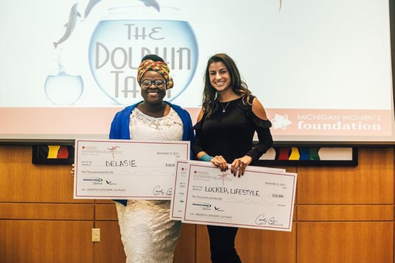 Rhoda Klomega, left, and Katarina Samardzija each won $10,000 at the 2017 Dolphin Tank Entrepreneur You Business Plan and Pitch Competition November 9. 