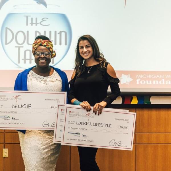 Rhoda Klomega, left, and Katarina Samardzija each won $10,000 at the 2017 Dolphin Tank Entrepreneur You Business Plan and Pitch Competition November 9. 