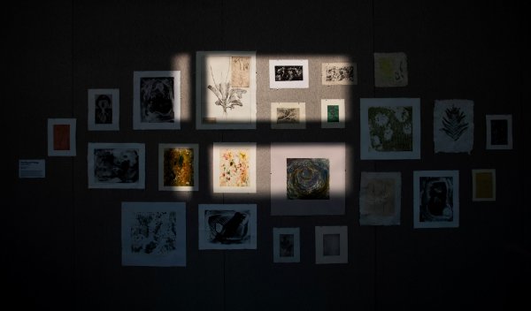 Framed art hangs on the wall, mostly in darkness, with a few rectangles of sunlight shining on the middle of the grouping of art.
