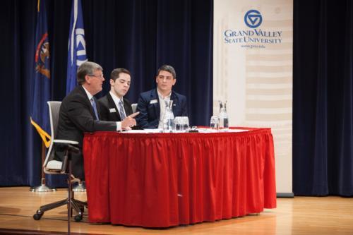 President Thomas J. Haas, left, with Student Senate VP for Political Affairs Andrew Plague, middle, and Student Senate President Ricky Benavidez, right.