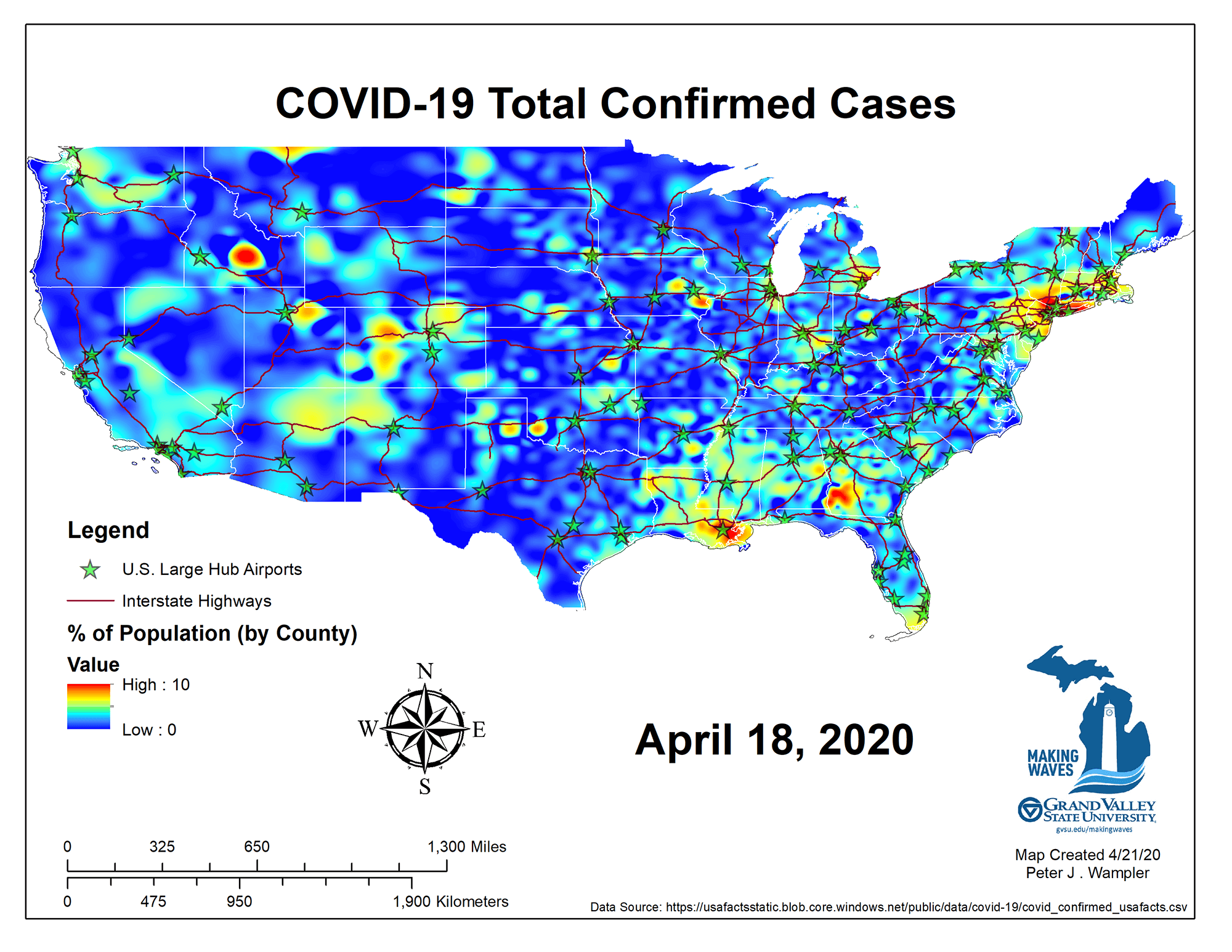 map of U.S. with highlights marking spread of coronavirus