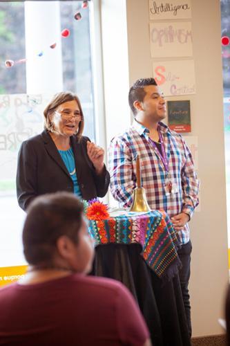 Anne Hiskes, dean of the Brooks College of Interdisciplinary Studies, addresses the audience.
