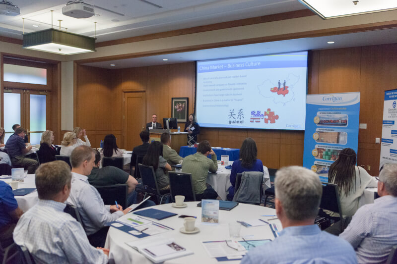 Ruixuan Ran, a senior from China who is majoring in accounting and international business, hosted a tea table for area business leaders who are learning best practices for doing business abroad.