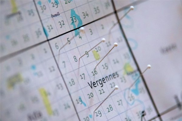 Pins are placed on a map showing a number of squares with numbers and containing the words, "Parnell" and "Vergennes."