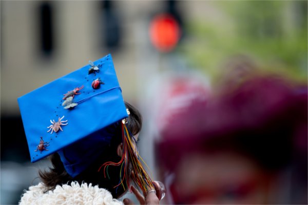 &#8220;I&#8217;m just a bug girl. I paint a lot of bugs,&#8221; said Mattee DeMott as she heads into Saturday afternoon&#8217;s Commencement wearing a mortar board decorated with bugs. DeMott received a bachelor of fine arts degree May 2.