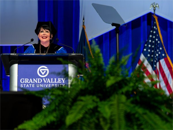 President Philomena V. Mantella speaks during Commencement at Van Andel Arena on May 2.
