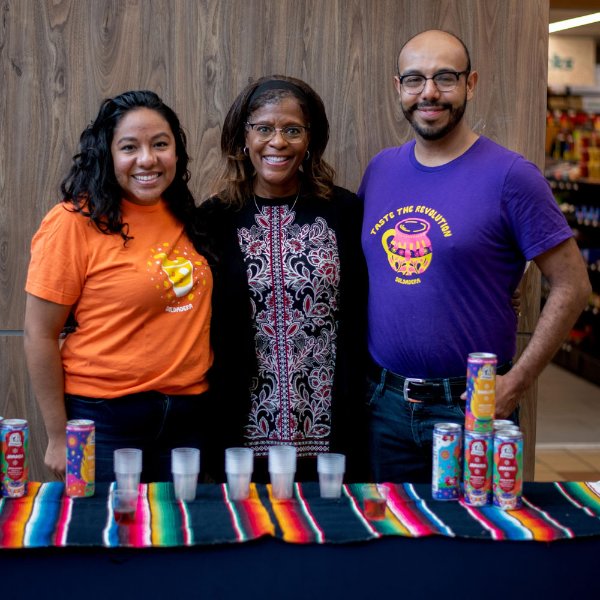 from left are Gabriela Rodriguez-Garcia, Valerie Rhodes-Sorrelle and Mario Rodriguez-Garcia behind a table with their coffee drinks
