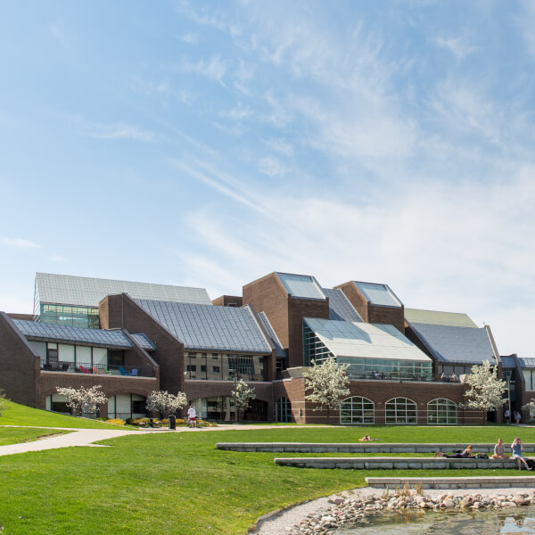A photo of the carillon tower and Kirkhof Center.