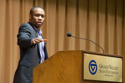 Marc Lamont Hill addresses an audience in the Kirkhof Center January 21.